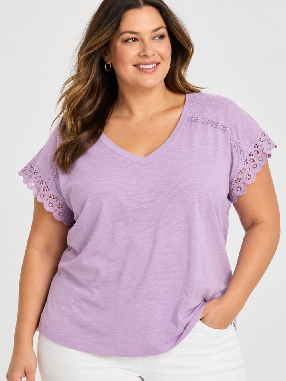Talbots Plus 2X Lavender Eyelet Lace Sleeve V-Neck Top